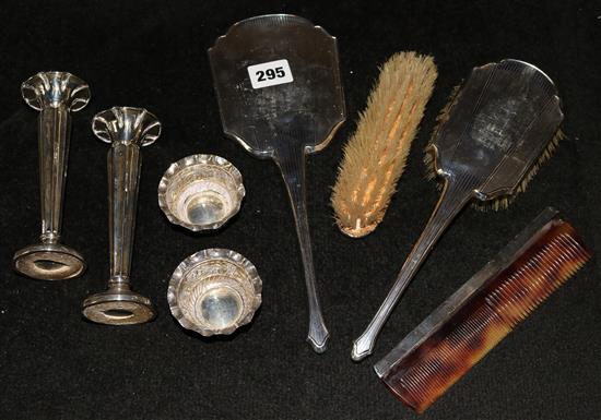 Pair of silver posy vases , pair of salts & dressing table set